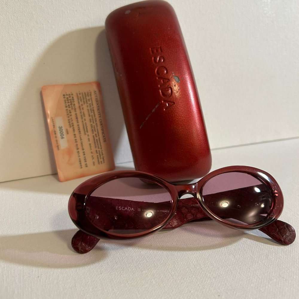 AUTHENTIC VTG ESCADA SUNGLASSES - RED OVAL LEATHER FRAME PINK LENSES HAN…